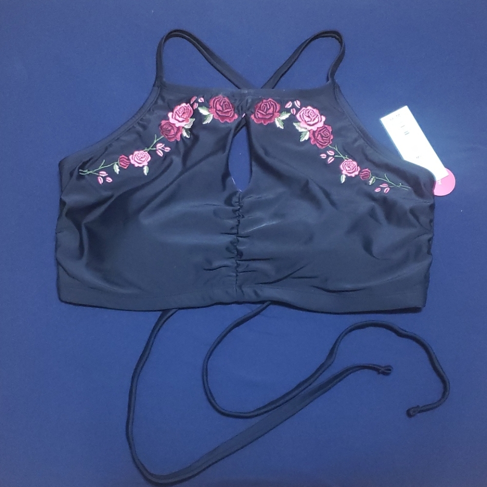 Black bikini top with floral accents